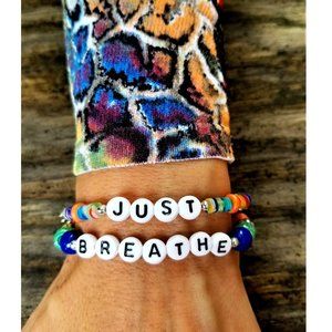 Artisan Hand Crafted Bracelet. "Just Breathe". Colorful Beaded. Stretch.